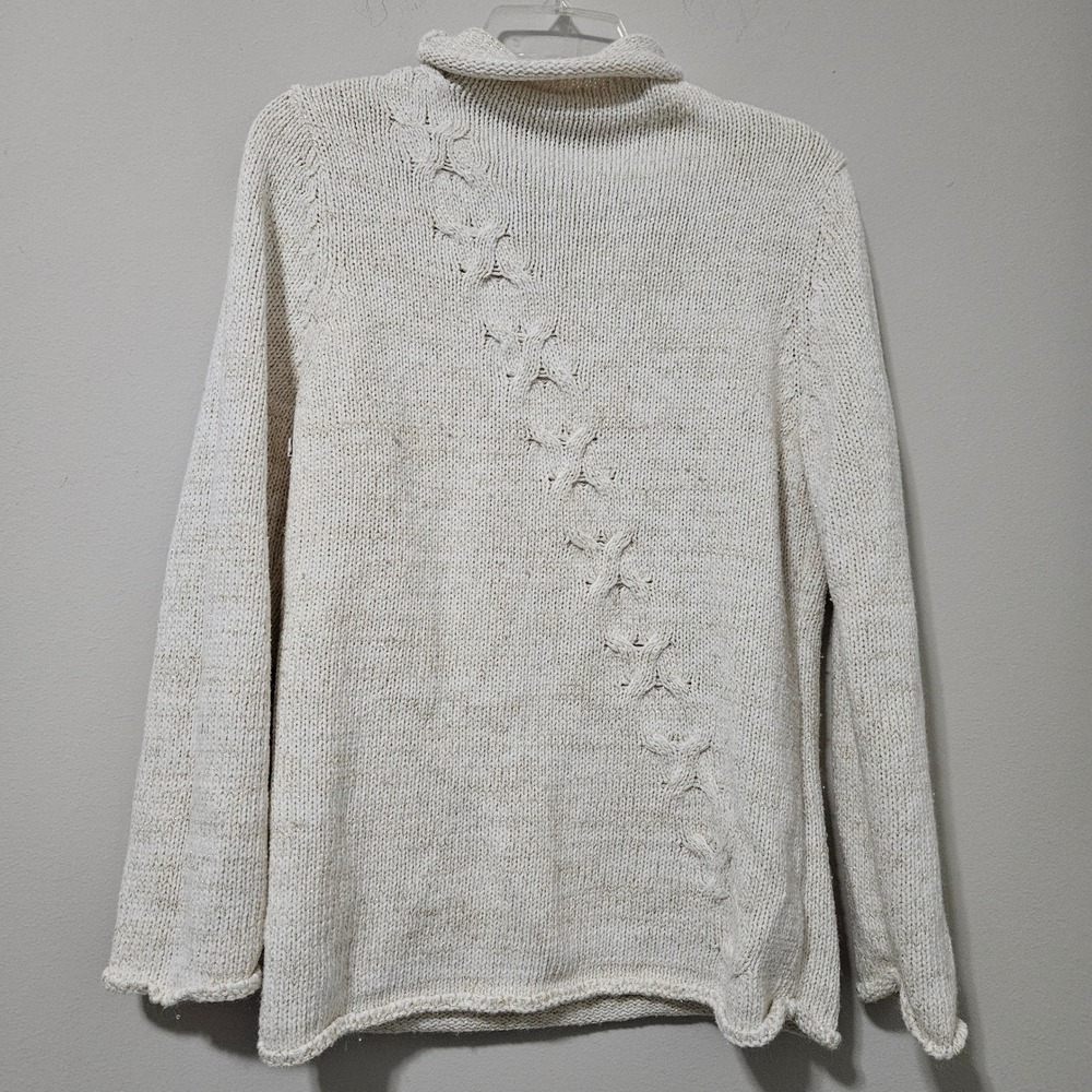 Coldwater Creek Cream Gold Metallic‎ Cable Knit Turtleneck Sweater Rabbit Hair M